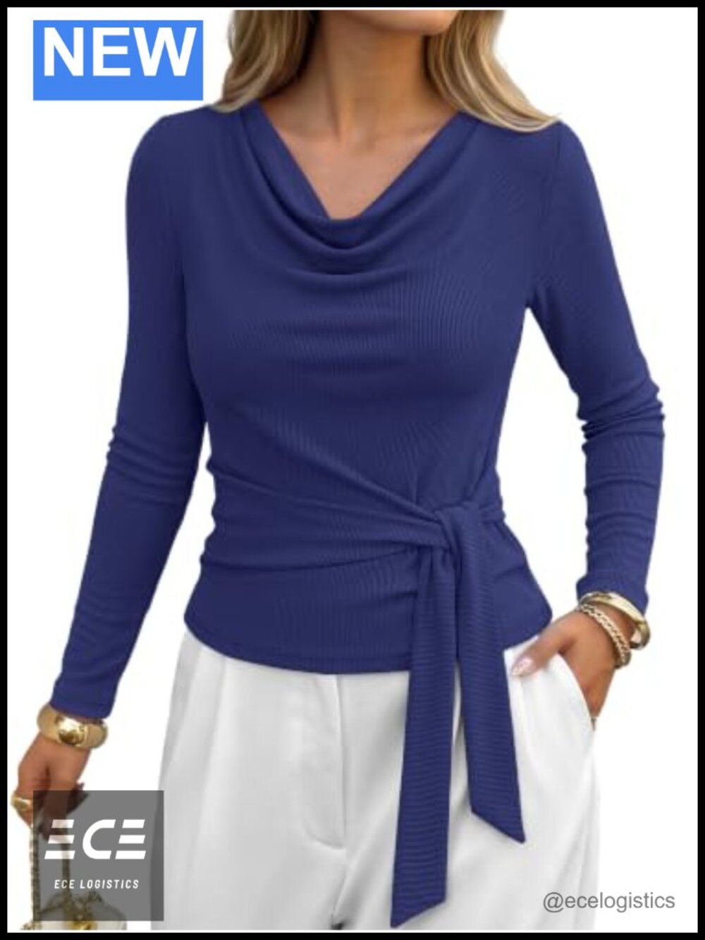 BTFBM Women's Tie Waist Wrap Blouse Cowl Neck Long Sleeve Business Casual Top